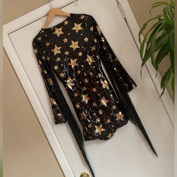 Nasty Gal Sequin Fringe Dress Star Sequin Plunge Neck sparkle phish size 4 - Picture 12 of 16